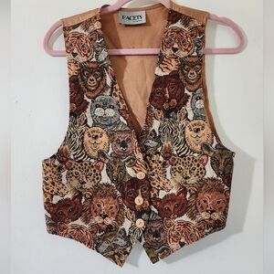 Vintage 1990s Facets Wild Animal Tapestry brown vest Small